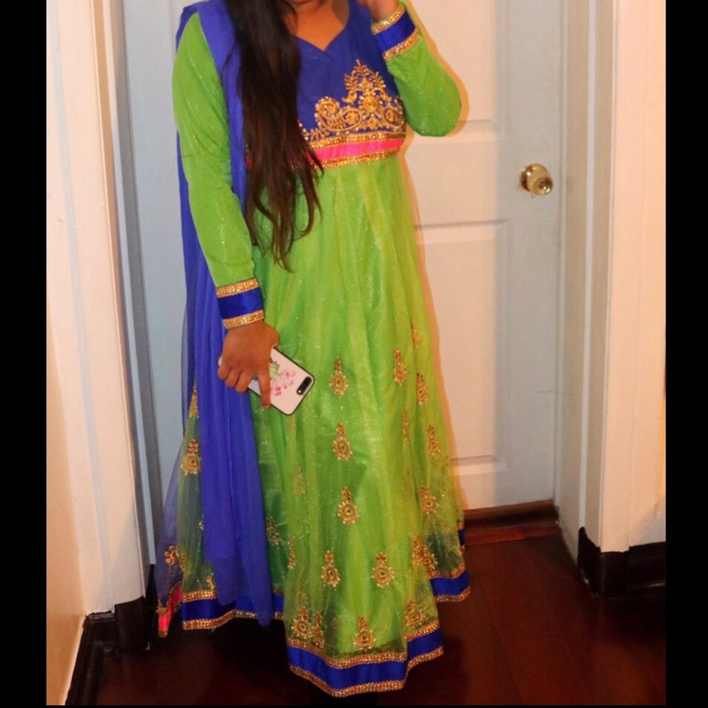 Lime green and royal blue indian anarkali dress